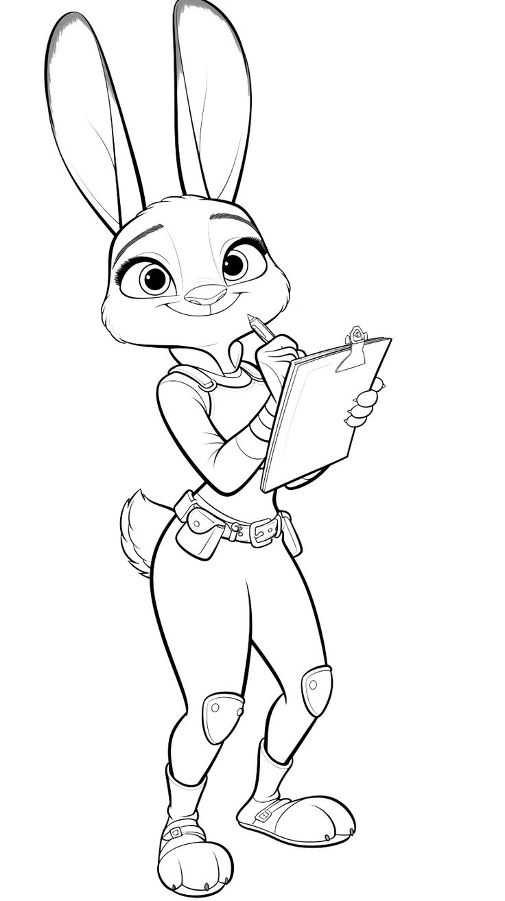 Ilustração de contorno da coelha Judy Hopps, do filme Zootopia, usando seu uniforme de policial, segurando uma prancheta e uma caneta enquanto sorri.