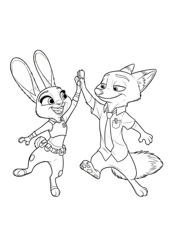 Desenho de linha de Judy Hopps, a coelha policial, e Nick Wilde, a raposa, dando um high-five em uma pose alegre e dinâmica.
