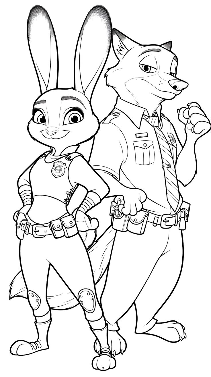 Desenho para colorir da policial Judy Hopps e o oficial Nick Wilde em suas fardas de Zootopia, posicionados de costas um para o outro em pose de ação.