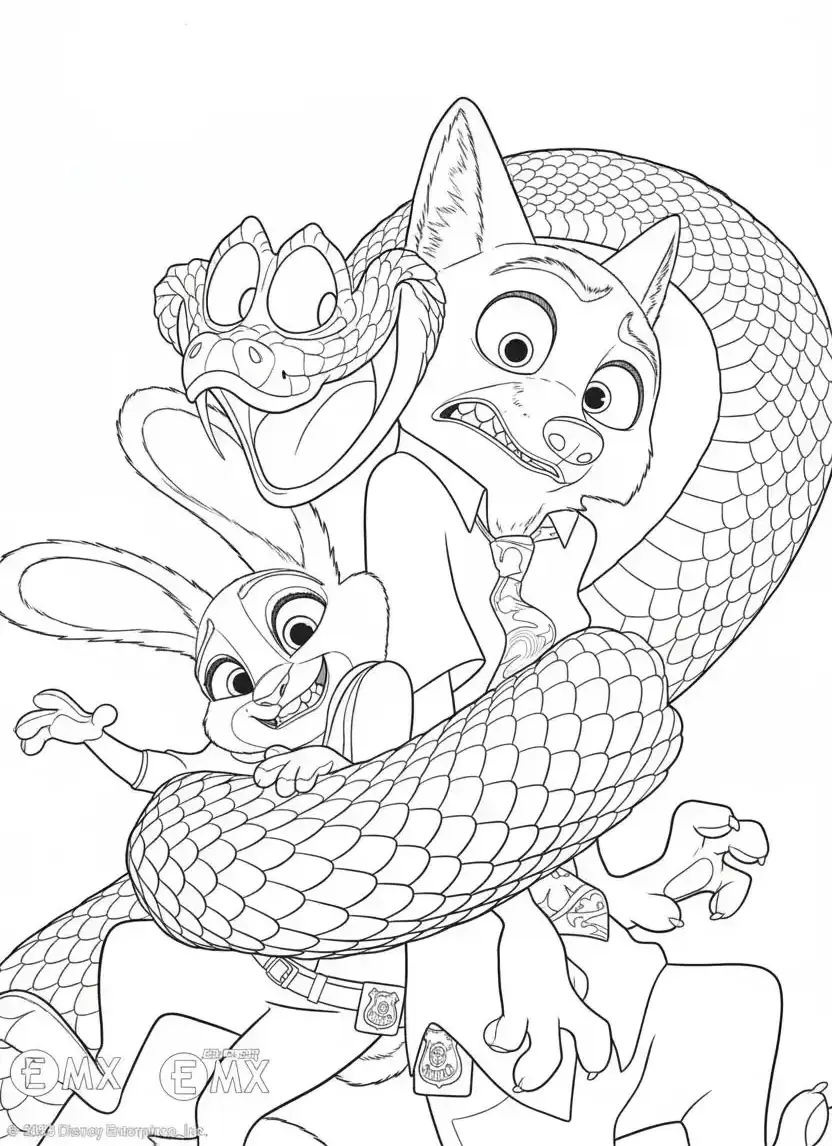 Judy Hopps e Nick Wilde de Zootopia 2 aparecendo assustados enquanto são enrolados pelo grande Gary.