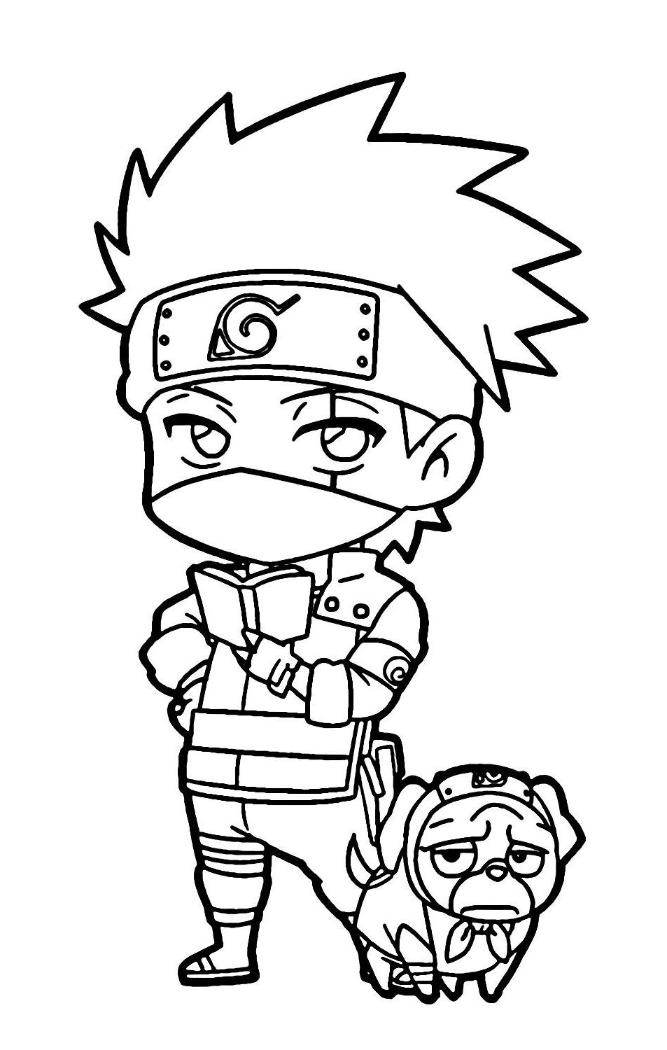 Desenho no estilo chibi do personagem Kakashi Hatake lendo um livro ao lado de seu cachorro invocação, o Pakkun.