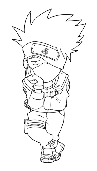 Desenho estilo chibi do ninja Kakashi Hatake de Naruto, sentado, descansando com a mão no rosto e usando sua bandana clássica da Vila da Folha.
