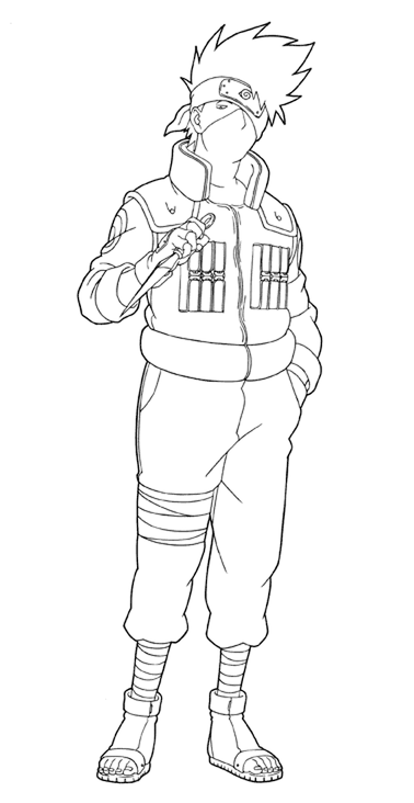 Desenho para colorir do ninja Kakashi Hatake, usando sua bandana da Vila da Folha, máscara no rosto e segurando uma kunai na mão.