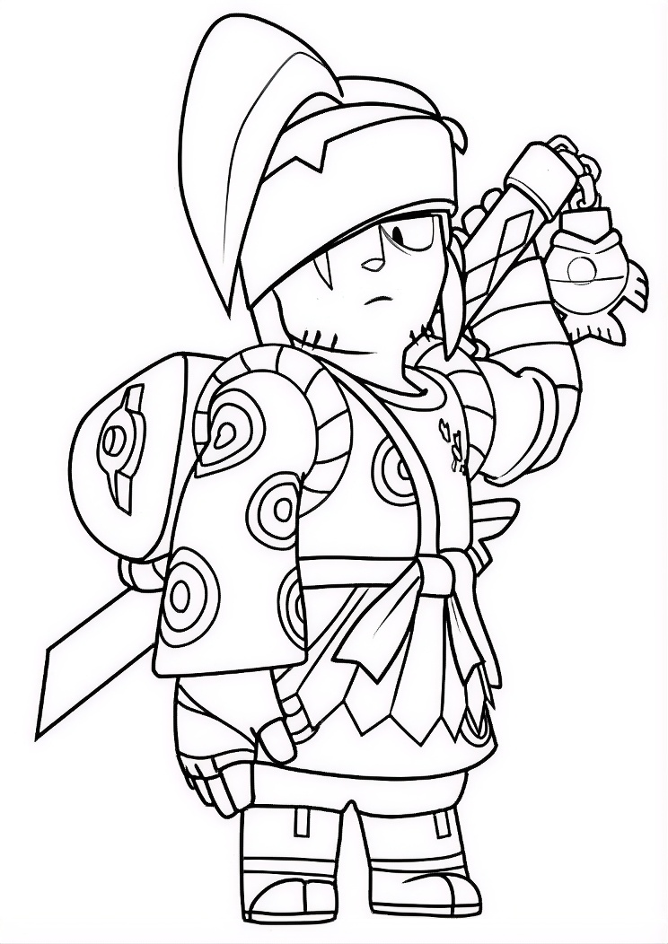 Desenho para colorir do Kenji, personagem de Brawl Stars, vestindo roupas de samurai, com uma katana nas costas e uma lanterna na mão.