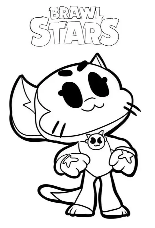 Desenho da Kit, a gatinha do jogo Brawl Stars, em traços pretos prontos para colorir