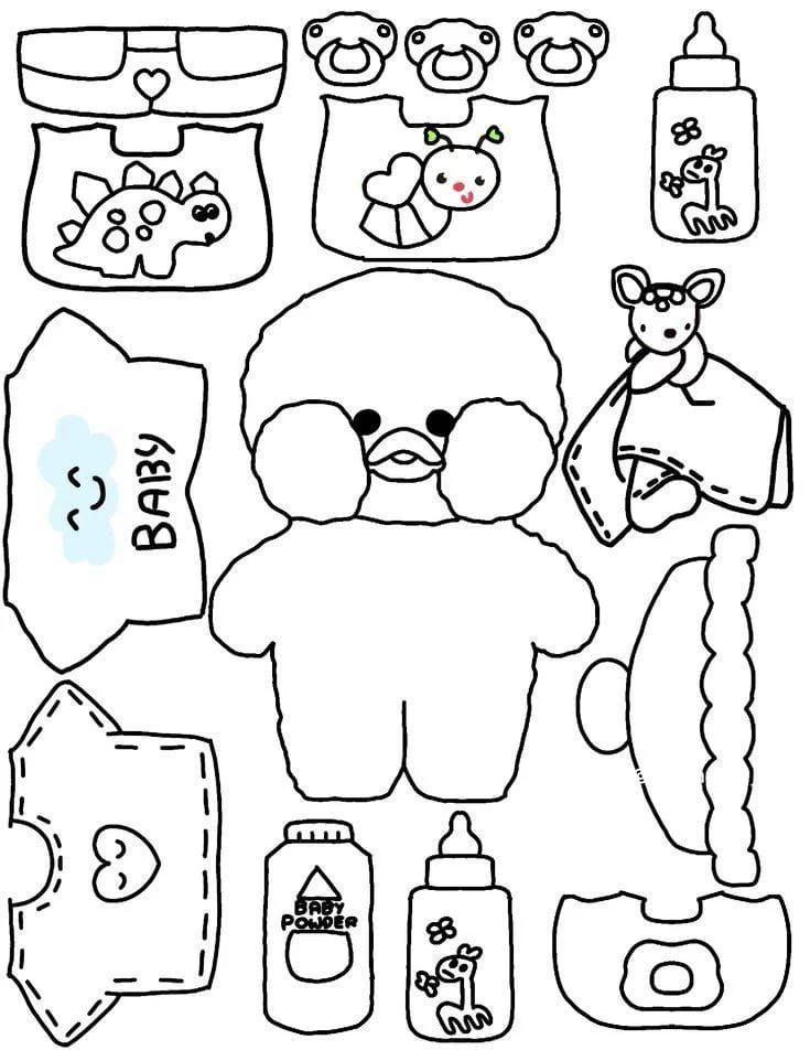 Patinho bebê estilo paper doll com acessórios como mamadeiras, babadores e roupinhas para recortar e colorir.