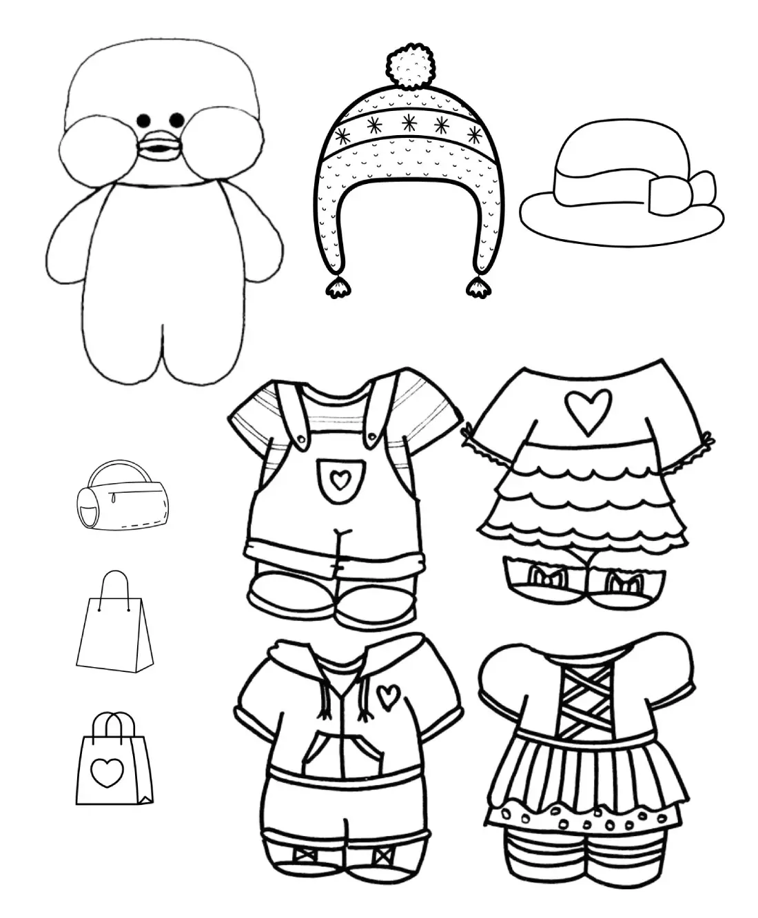 Pato de papel estilo kawaii acompanhado de um guarda-roupa completo com vestidos, jardineiras e acessórios de festa para recortar e montar.