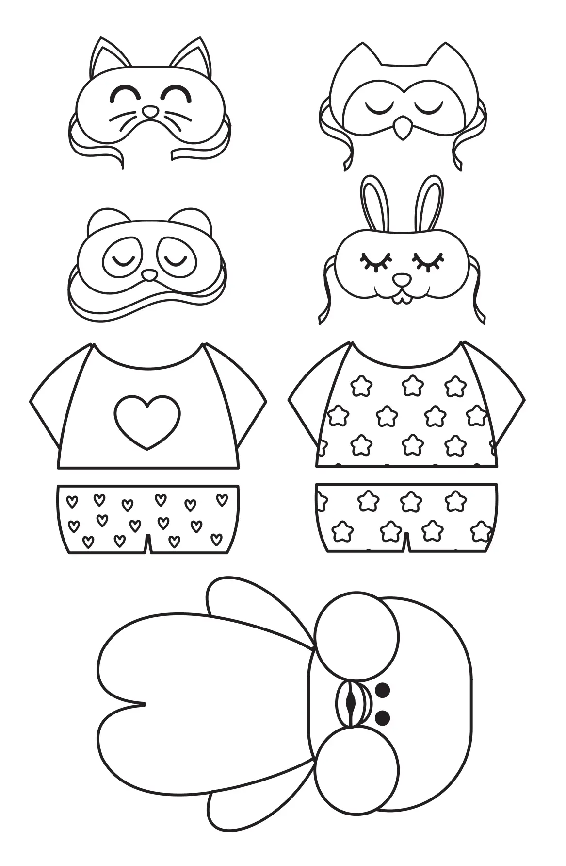 Patinho de papel deitado com máscaras de dormir de animais e pijamas fofos para recortar e colorir.