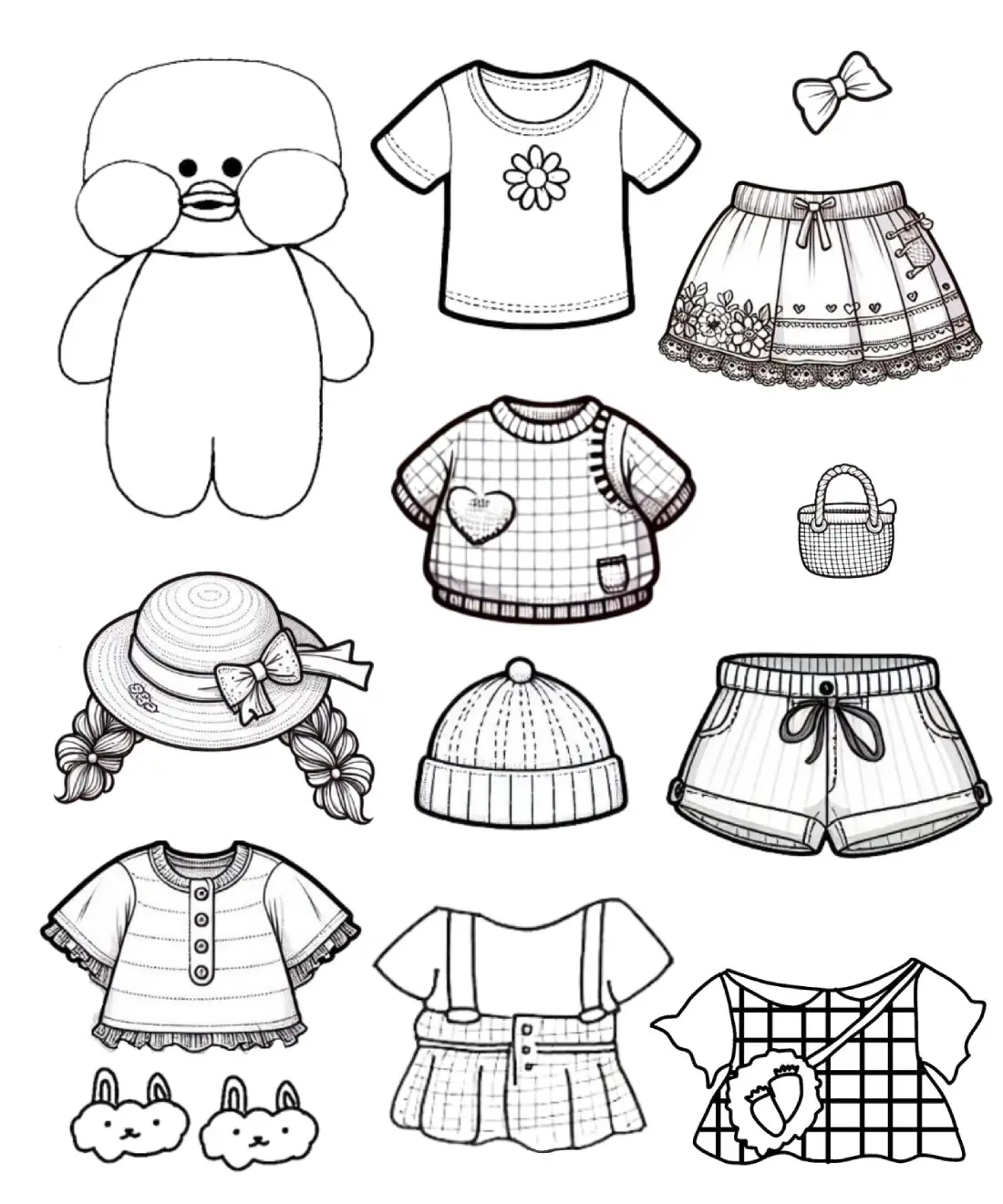 Kit completo de pato de papel estilo kawaii com várias opções de roupas, saias, gorros e acessórios para recortar e montar.