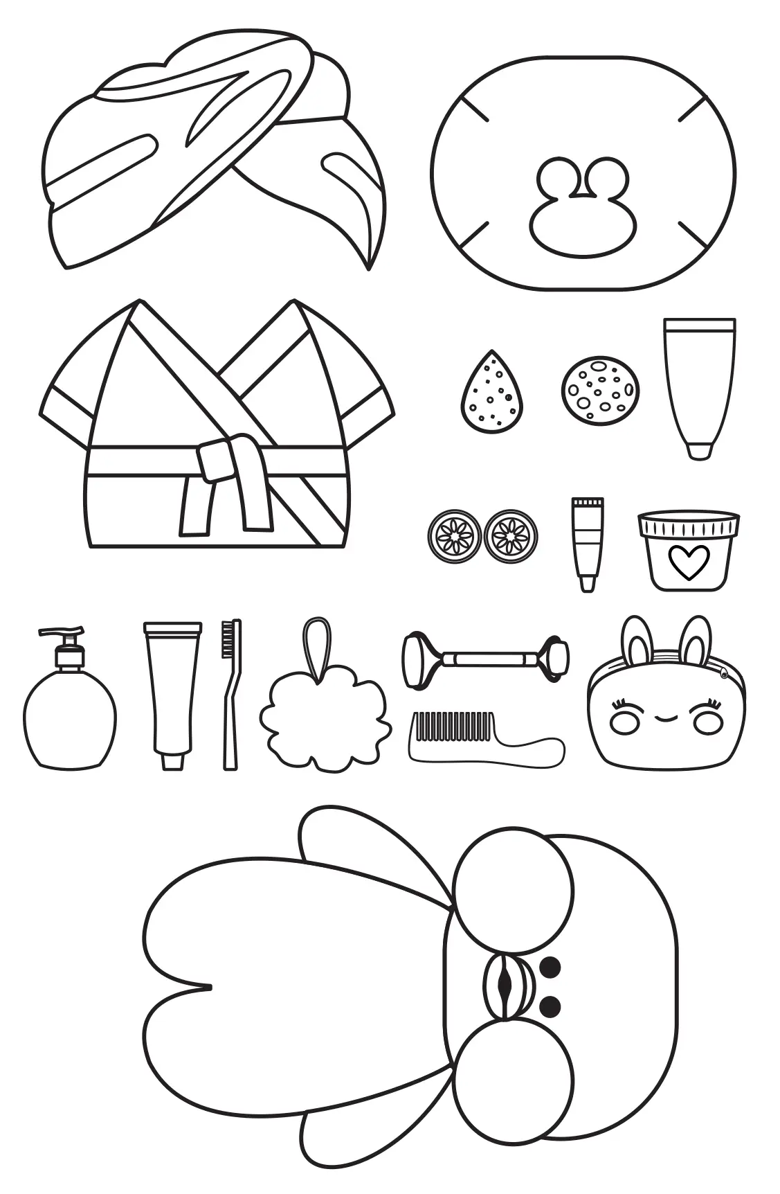 Patinho estilo paper toy com acessórios de spa, como roupão, máscara facial e itens de higiene, para recortar e colorir.