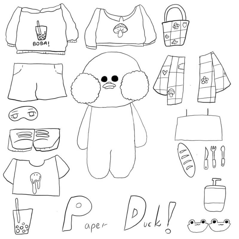 Patinho estilo paper doll rodeado por roupas, bolsa, cachecol e acessórios fofos para recortar e colorir.