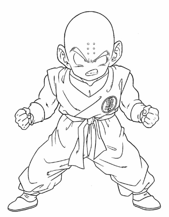 Desenho para colorir do personagem Kuririn de Dragon Ball, em posição de luta e vestindo seu traje clássico de artes marciais.