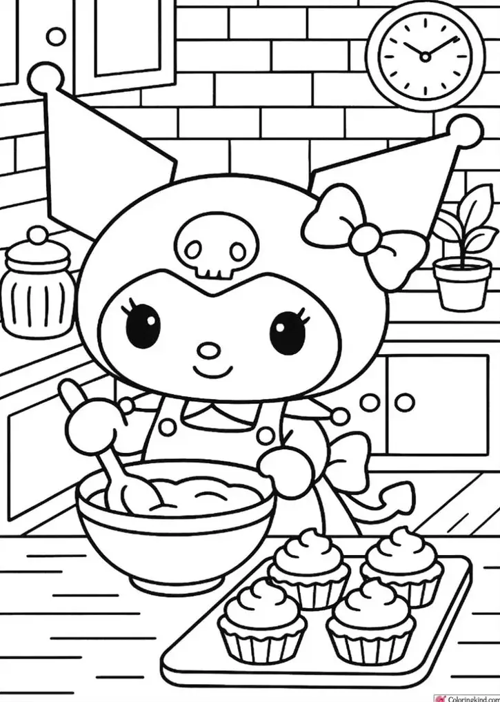 A personagem Kuromi, da Sanrio, usando um avental e misturando massa em uma tigela na cozinha, com cupcakes sobre a mesa.
