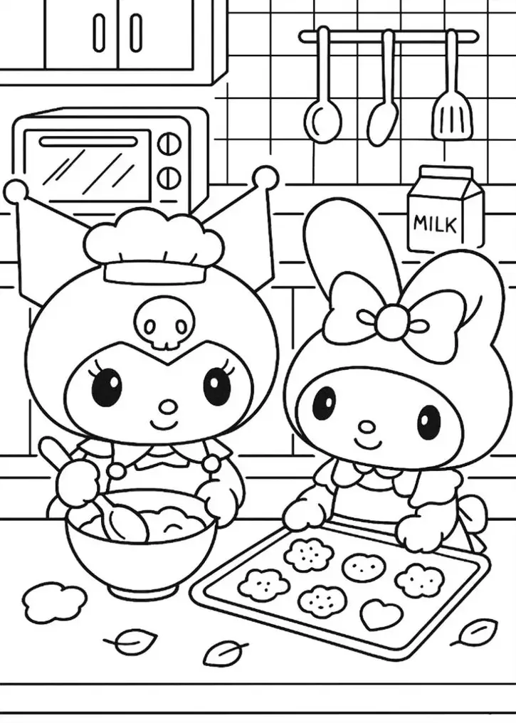 Desenho de colorir da Kuromi com chapéu de chef e My Melody na cozinha preparando uma bandeja de biscoitos.