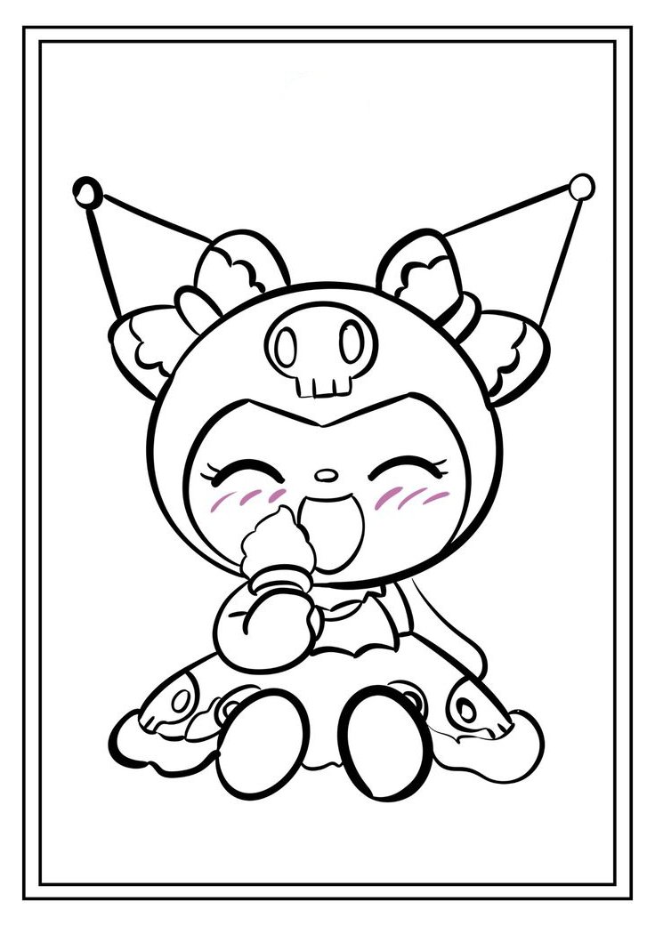 Desenho da Kuromi feliz com um chapéu de caveira e antenas, segurando um sorvete, estilo cartoon para colorir.