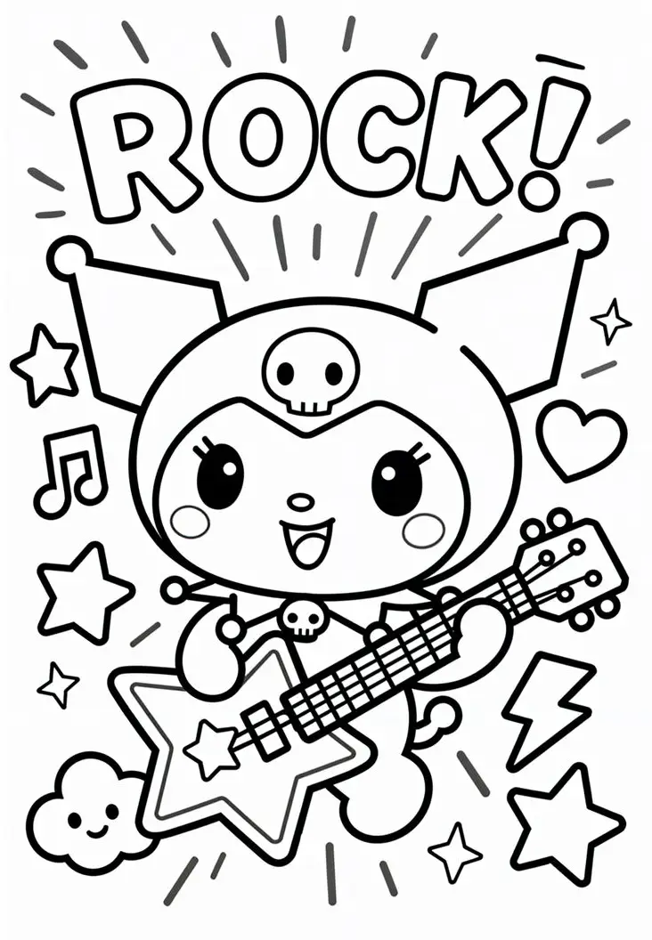 Desenho da personagem Kuromi da Sanrio vestida como roqueira, segurando uma guitarra em formato de estrela, cercada por notas musicais, corações e raios.