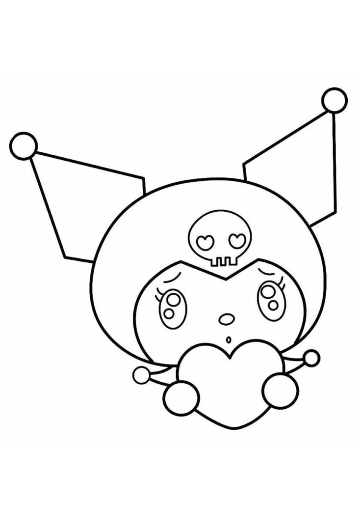 A Kuromi segurando um coraçãozinho, pronta para um dia de muita diversão e cor! Imprima e pinte a Kuromi!