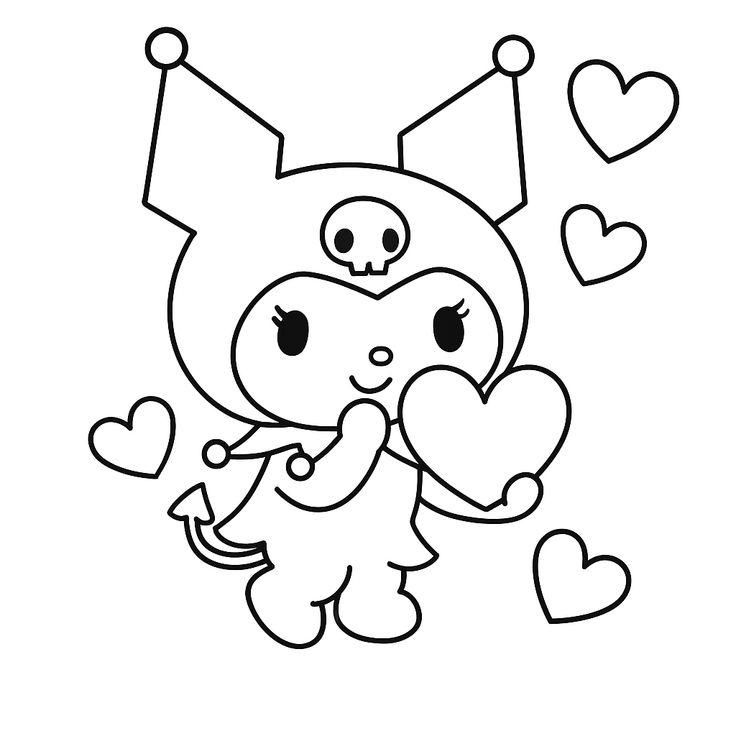 Desenho fofo da Kuromi segurando um coração e cercada por corações flutuantes para imprimir e colorir.
