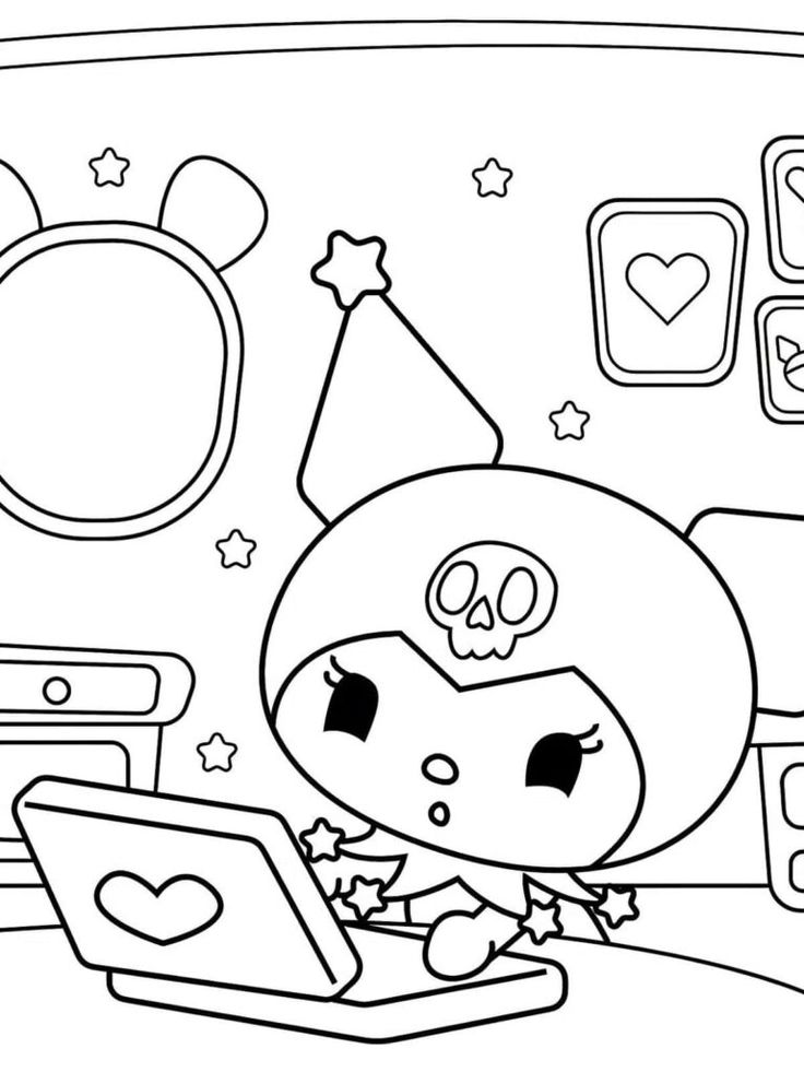 Desenho da Kuromi sentada usando um laptop com um coração na tela, chapéu de crânio e estrelas decorativas para colorir.
