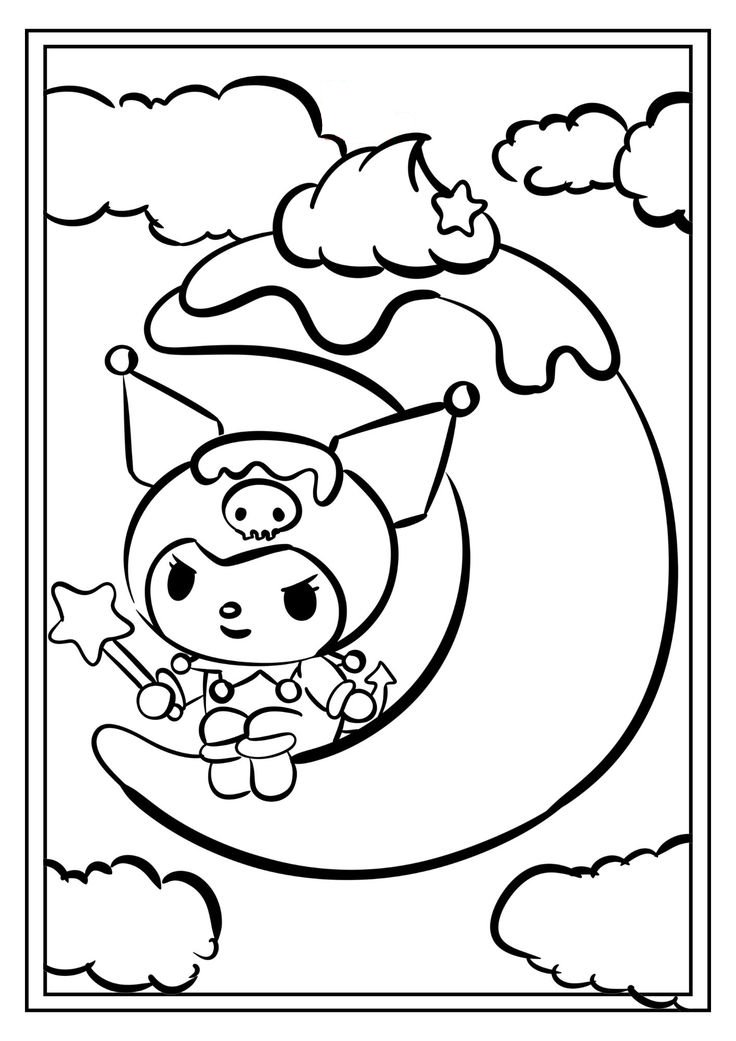 Desenho da Kuromi sentada na lua crescente com chapéu de caveira e varinha de estrela para imprimir e colorir.