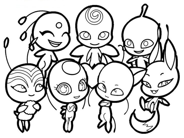 Desenho para colorir dos Kwamis de Miraculous Ladybug com diferentes formas, expressões e detalhes únicos. Tikki, Plagg e todos os seus amigos reunidos para uma festa.