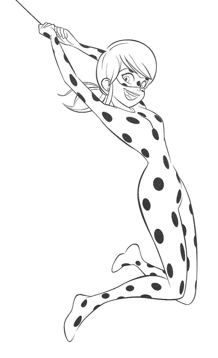 Desenho da Ladybug, a super-heroína Miraculous, em ação, pronta para colorir e imprimir.