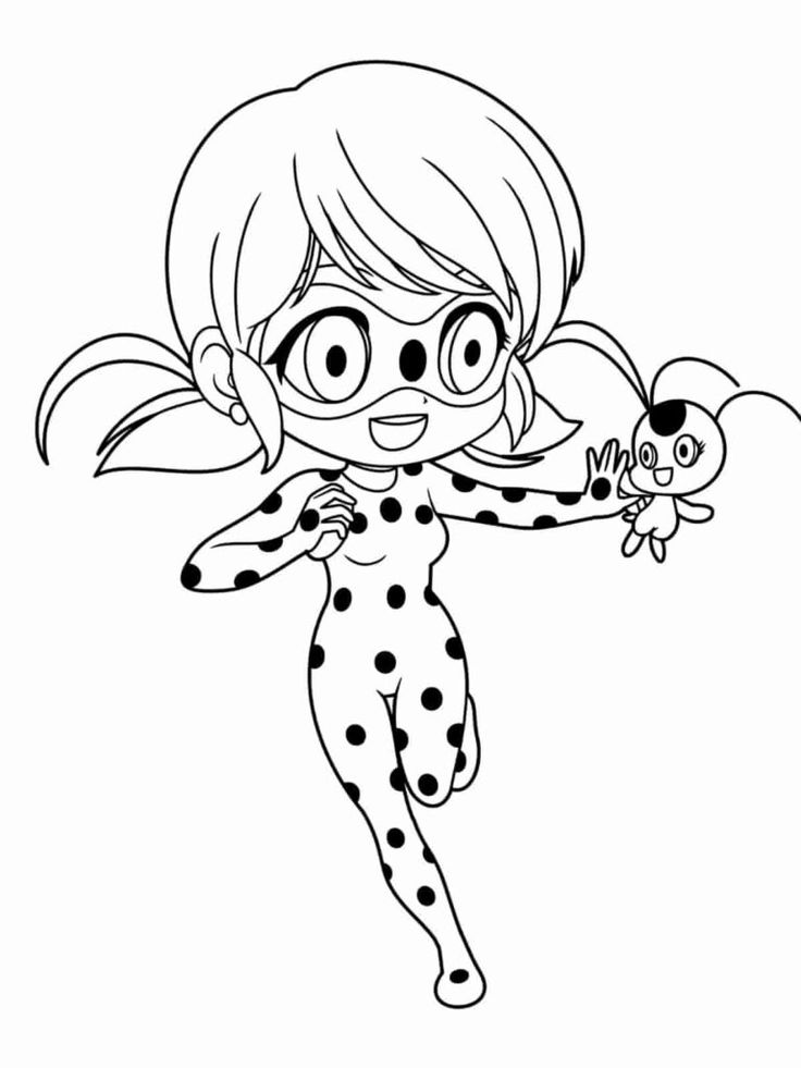 Desenho da Ladybug e Tikki em estilo kawaii para colorir e imprimir.