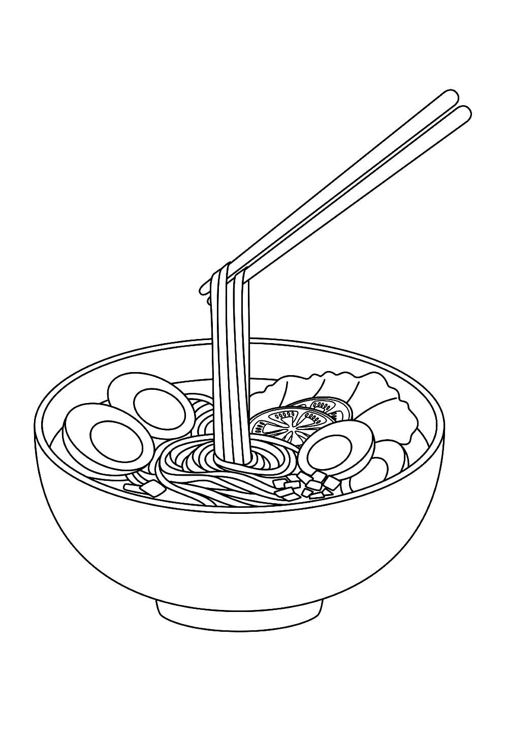 Desenho de uma tigela de lámen do Ichiraku com macarrão sendo levantado por hashis, acompanhada de ovos cozidos, vegetais e fatia de carne.