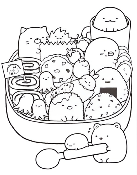 Desenho de uma lancheira (bentô) cheia de personagens Sumikko Gurashi, onigiri e outras delícias japonesas para colorir e imprimir.