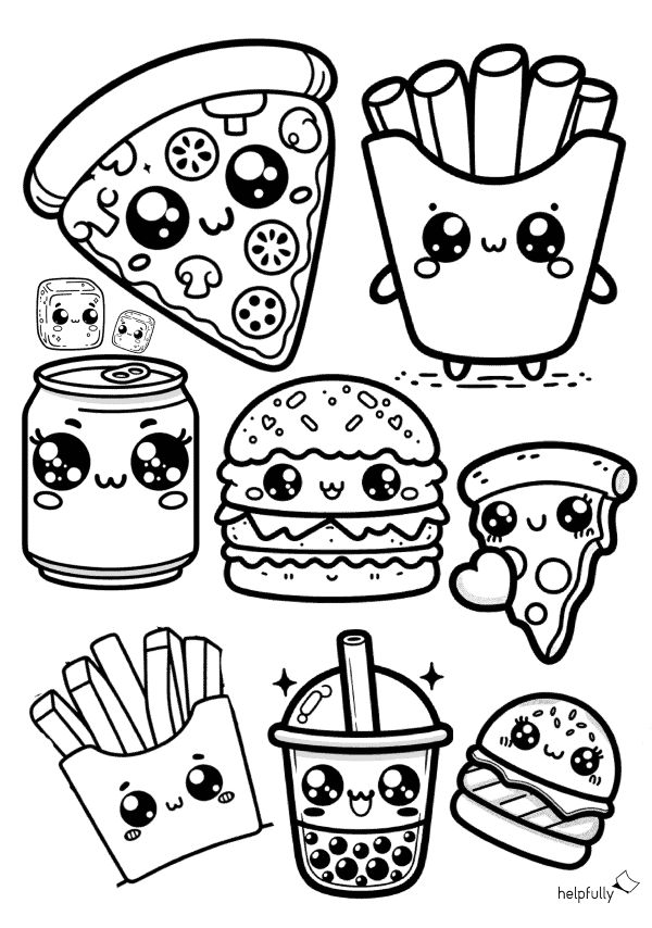 Desenho de comidinhas de fast food para imprimir e colorir: pizza, batata frita, refrigerante e hambúrger