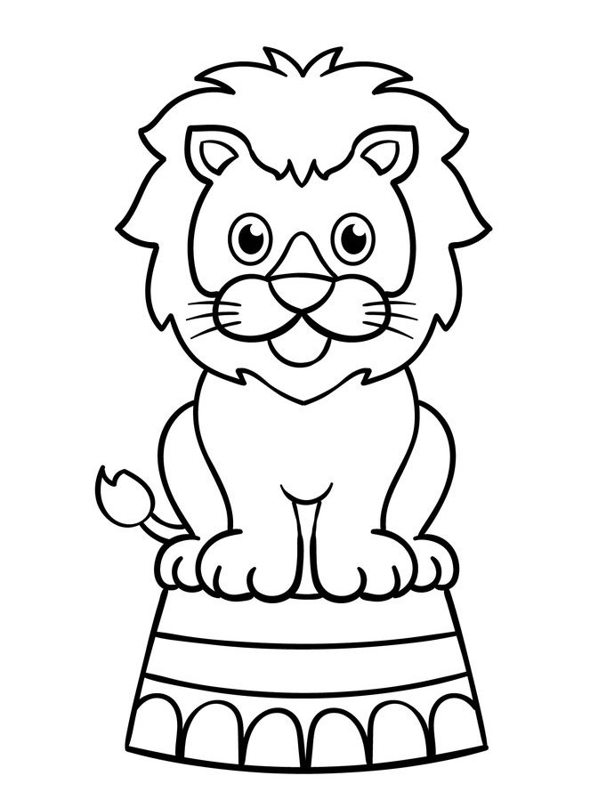 Desenho de um leão de circo fofo com grande juba, sentado em um pedestal listrado, perfeito para crianças colorirem e se divertirem.