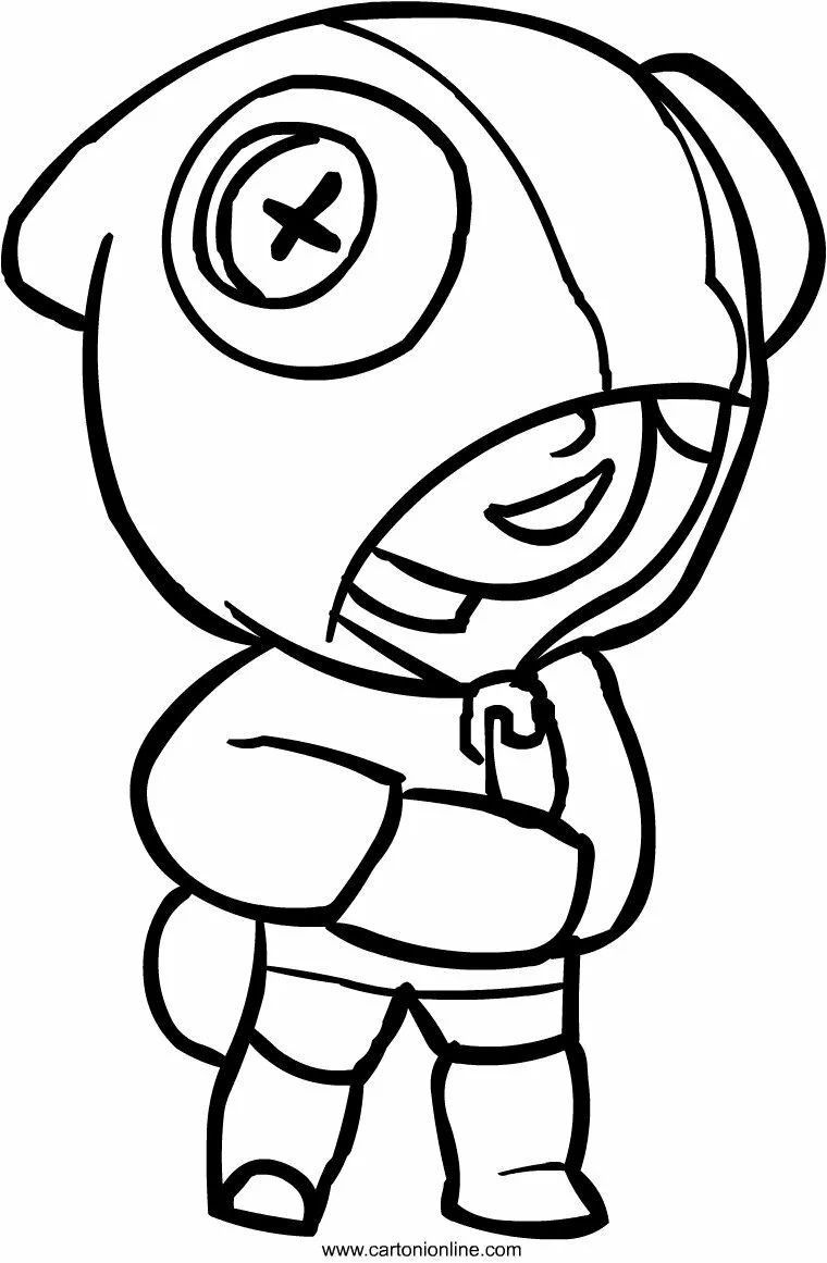 Desenho do Leon, personagem de Brawl Stars, usando seu icônico casaco de camaleão com um botão no lugar do olho, em traços pretos simples para colorir.
