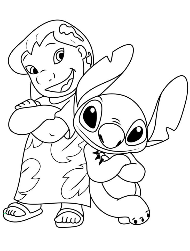 Desenho da Lilo e Stitch, personagens da animação da Disney, fazendo poses marcantes para imprimir e colorir.
