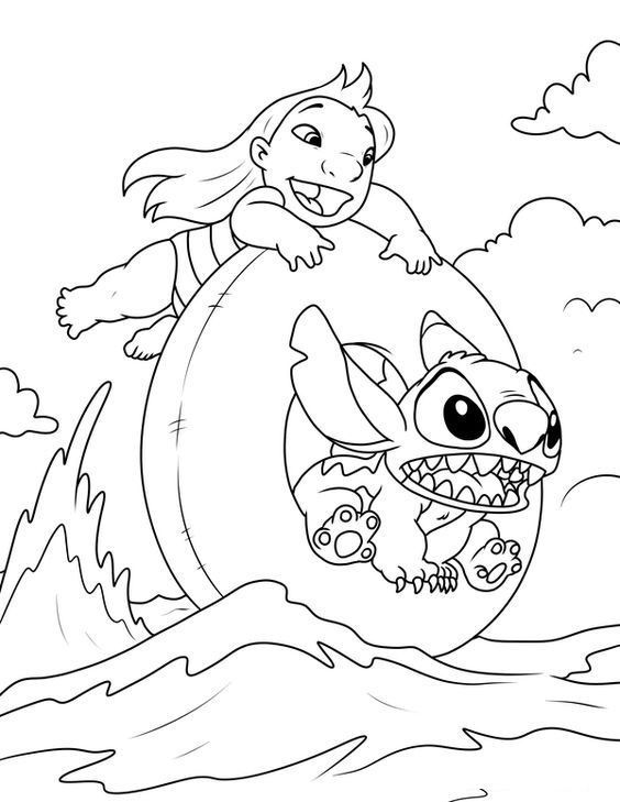 Desenho da Lilo e Stitch em uma boia no mar para imprimir e colorir.