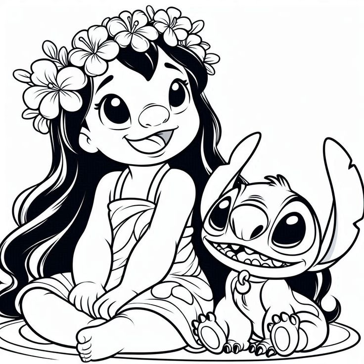 Desenho para imprimir e pintar de Lilo e Stitch com flores na cabeça curtindo um momento juntos.