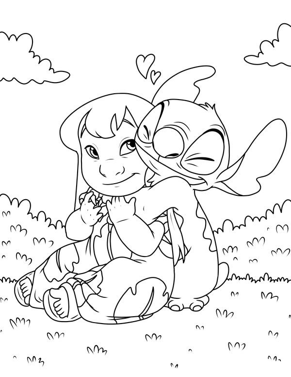 Desenho de Lilo e Stitch abraçados com grama, nuvens e corações para colorir e imprimir.