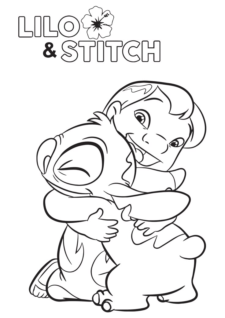 Desenho em preto e branco de Lilo e Stitch se abraçando para imprimir e colorir. Desenho infantil fofo com o logo Lilo & Stitch e flor.