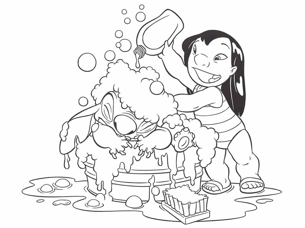 Desenho para imprimir e colorir da Lilo dando banho em Stitch, do filme Lilo e Stitch.