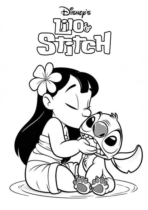 Desenho de Lilo, de Lilo e Stitch, dando um beijinho em Stitch com um toque havaiano para colorir.
