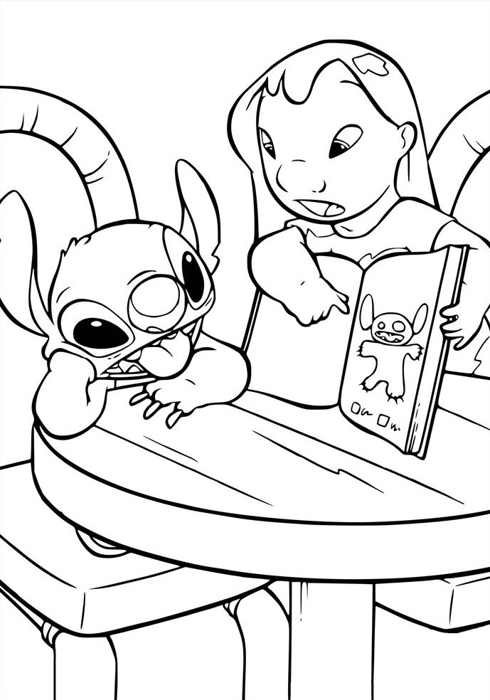 Desenho para colorir de Lilo e Stitch estudando com Lilo segurando um livro e Stitch com uma expressão de desgosto.