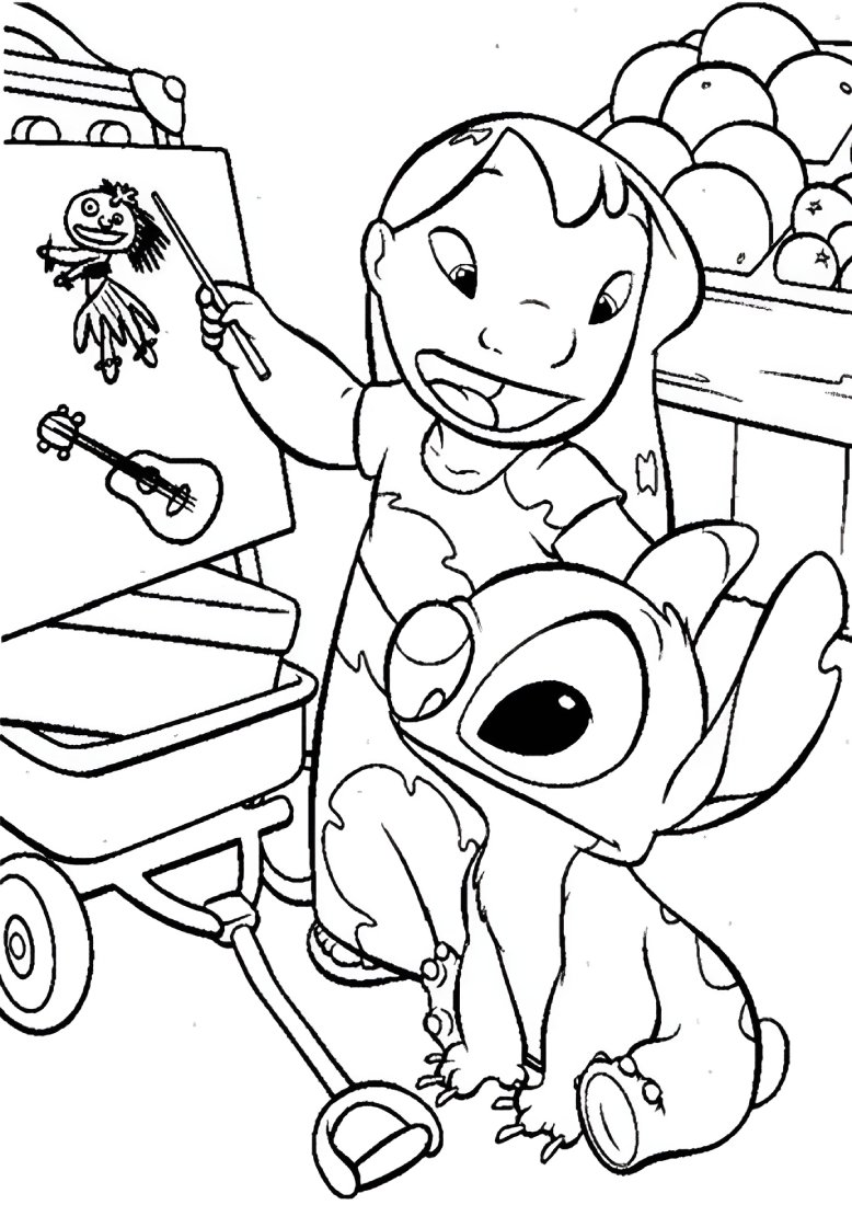 Desenho de Lilo e Stitch estudando com quadro, ukulele e frutas para colorir e imprimir.