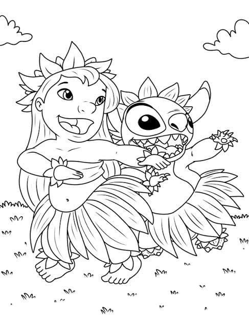 Desenho para colorir com Lilo e Stitch vestidos com roupas de hula havaiana, dançando em um gramado com nuvens ao fundo, perfeito para crianças.