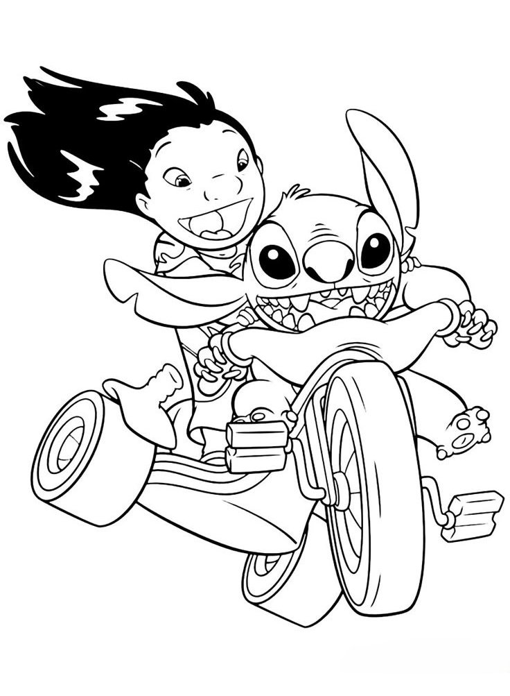 Ilustração de Lilo e Stitch andando radicamente em um triciclo, ideal para atividades de colorir, promovendo a amizade e a diversão.