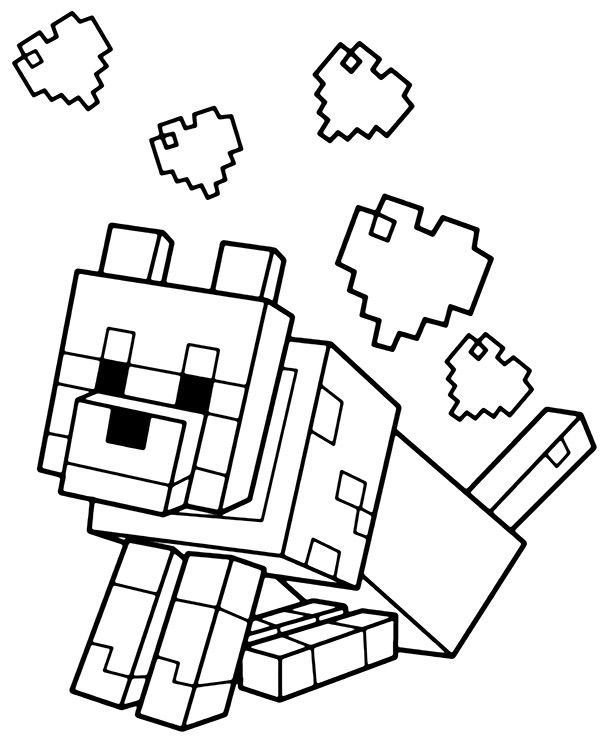 Desenho de um lobo do Minecraft em blocos com corações pixelizados flutuando para colorir e imprimir.