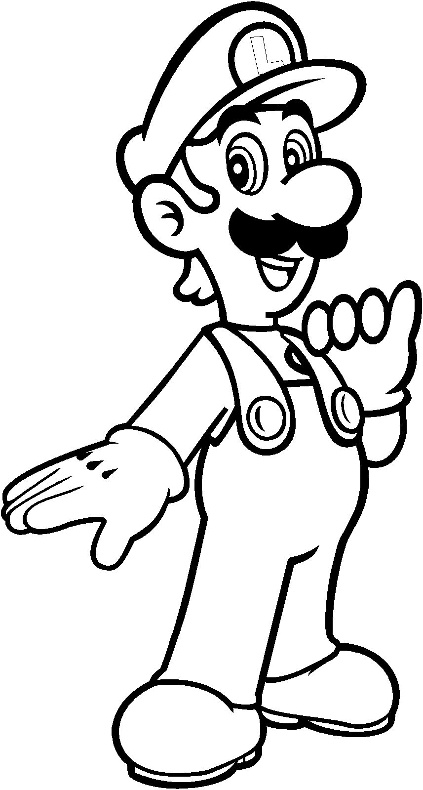 Desenho do Luigi do Super Mario em traços pretos e brancos, posando com um sorriso amigável e mão estendida.