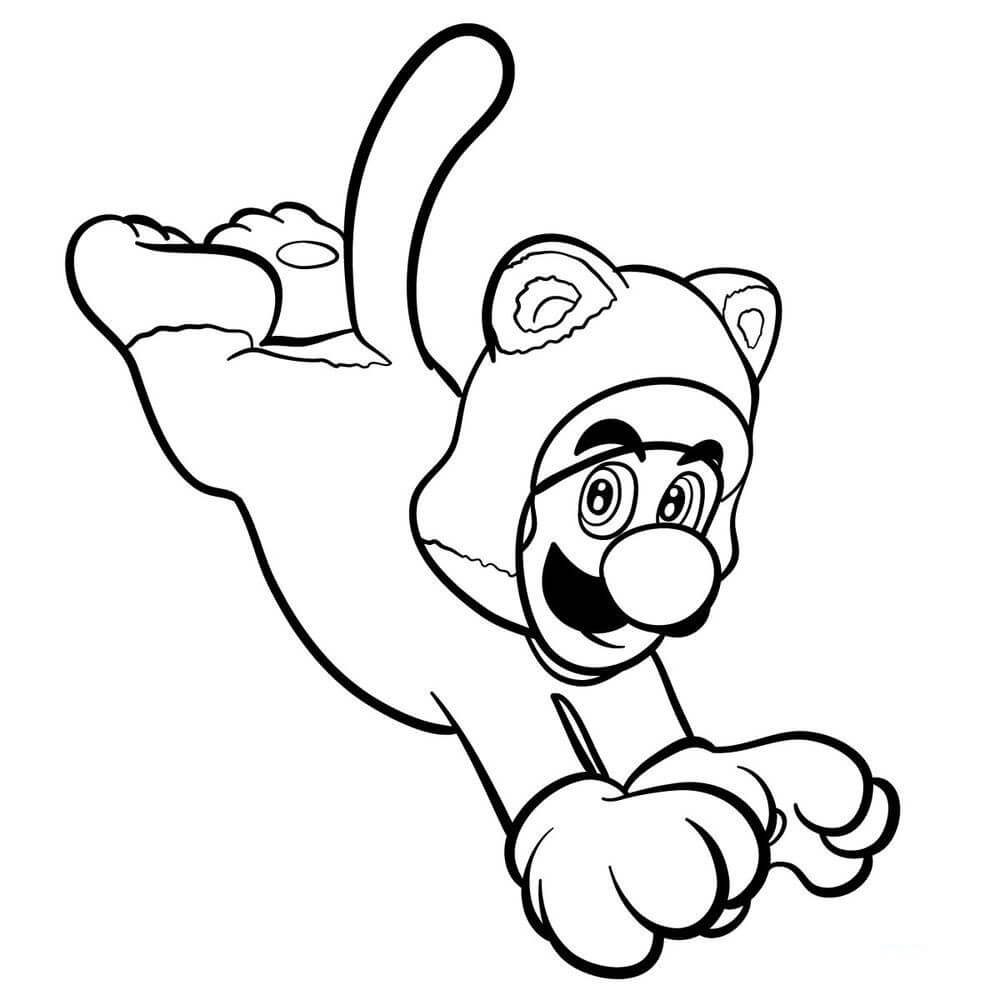 Desenho para colorir do Luigi vestido com a fantasia de Tanooki, em pose de salto, exibindo orelhas de gato e cauda longa.