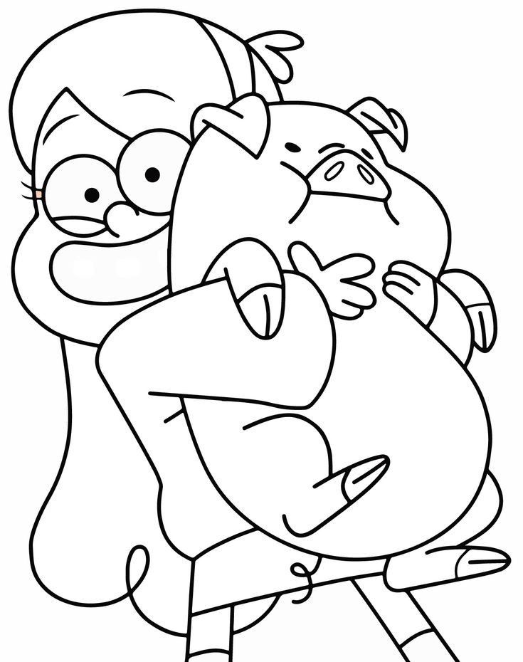 Desenho de Mabel Pines abraçando seu porquinho de estimação Waddles em estilo cartoon de Gravity Falls.