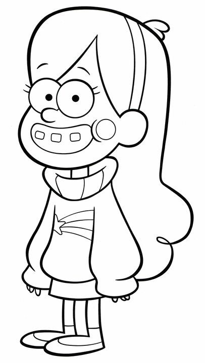 Desenho de linha da personagem Mabel Pines de Gravity Falls, com seu icônico suéter de estrela, faixa no cabelo e aparelho nos dentes.