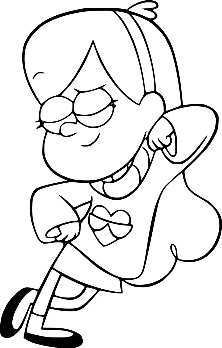 Mabel Pines de Gravity Falls em pose alegre e dançante, com seu suéter de coração, para colorir.