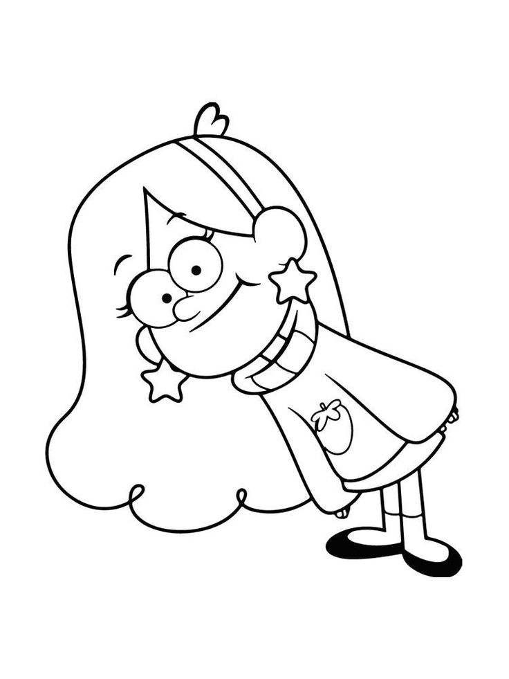 Desenho de linha de Mabel Pines, personagem de Gravity Falls, sorrindo com seu suéter de estrela e brincos de estrela.